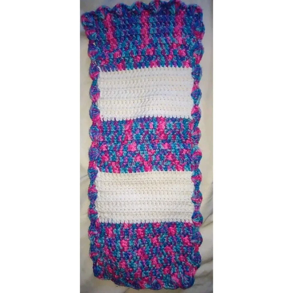 (2) Vintage Hand Crocheted Table Runners Scarves Variegated Purple Blue Pink